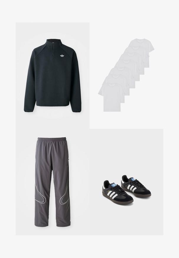 Melna puszipa mīksta auduma krekls ar raglan piedurknēm un balto logotipu uz krūtīm. Piedurknes ir elastīgas.; Baltie kokvilnas T-krekli, īsas piedurknes, apaļas izgriezuma dizains, vienkārša tekstūra, sakrauti rindā, ar smalku zīmolu pie kakla izgriezuma.; Vīriešu pelēki sporta bikses ar elastīgu jostu, ar rāvējslēdzēju kabatām un atstarojošiem baltiem akcentiem sānos. Vieglas, gludas tekstūras.; Melnas sporta apavas ar zamšādas un sintētisku augšdaļu, ar trim baltām svītrām, teksturētu gumijas zoli un zilu logo birku uz mēles.