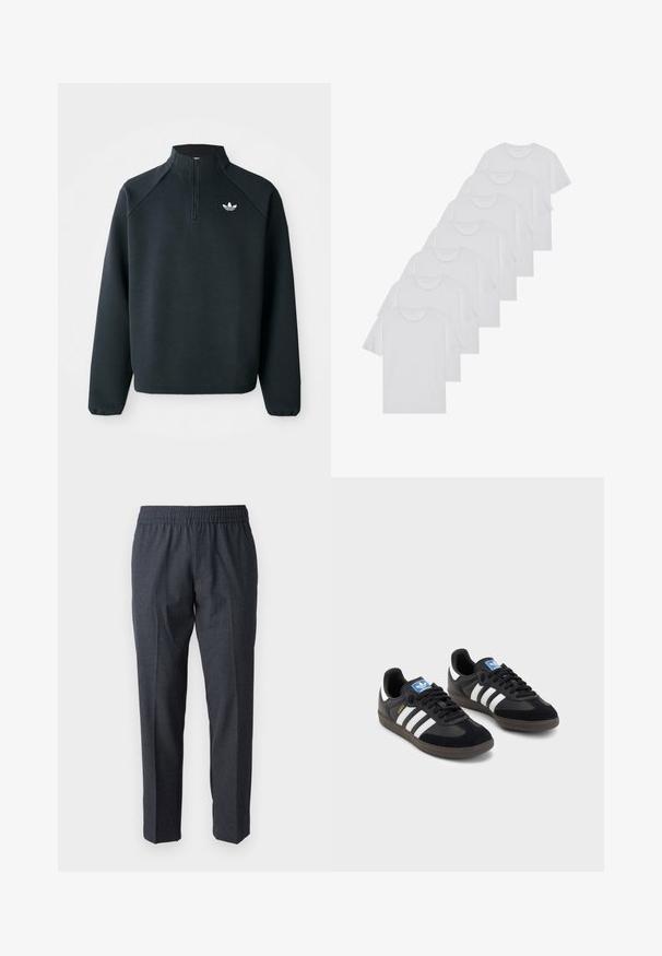 Čierna mikina so štvrťovým zipsom vyrobená z mäkkej tkaniny, s raglánovými rukávmi a bielym logom na hrudi. Rukávy sú elastické.; Biele bavlnené trička, krátke rukávy, dizajn s okrúhlym výstrihom, hladká textúra, naskladané v rade, so subtilným brandingom na výstrihu.; Tkané tmavošedé nohavice s elastickým pásom, rovný strih, jemná štruktúra a žiadne viditeľné kovové prvky ani vzory.; Čierne tenisky so zvrškom z semišu a syntetického materiálu, s tromi bielymi pruhmi, štruktúrovanou gumovou podrážkou a modrou logovou etiketou na jazyku.