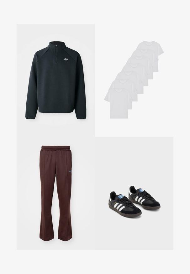 Must värvi neljandiku tõmblukuga jakke, mis on valmistatud pehmest kangast, raganlasleevidega ja valge logoga rinnal. Varrukate äärised on elastsed.; Valge puuvillane T-särk, lühikeste varrukatega, ümar neel, ühtlane tekstuur, reastatud kuhjale, kaeluses peene brändinguga.; Pruunid sportlikud püksid, millel on laienev disain, valmistatud pehmest kangast, elastse vöökoha ja helesinise logo aktsendiga külgedel.; Mustad tossud, mille pealseks on seemisnahk ja sünteetilised materjalid, kolme valge triibuga, tekstureeritud kummitald ja sinine logo silt keele peal.