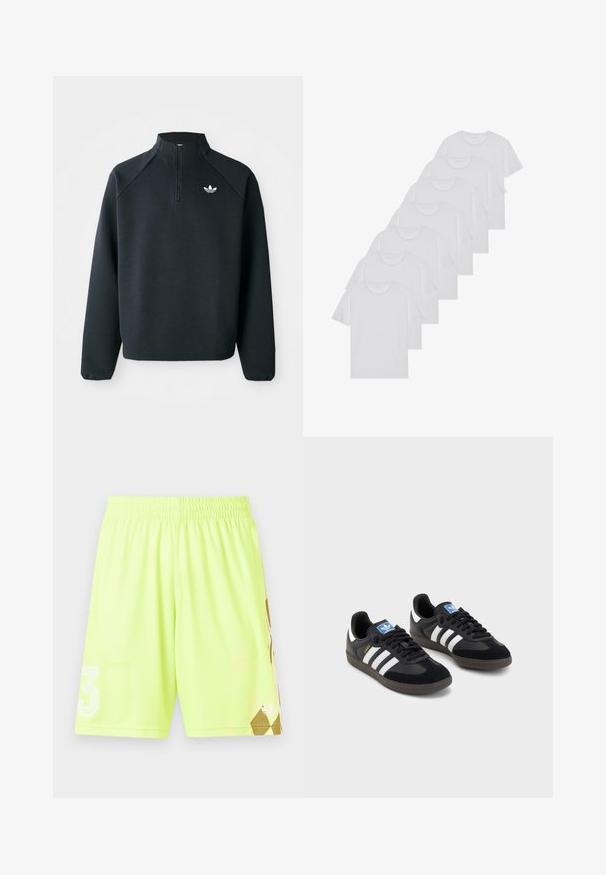 Svart kvartdraget sweatshirt i mjukt tyg, med raglanärmar och vitt logo på bröstet. Ärmarna har elastiska muddar.; Vita bomull T-shirts, korta ärmar, rundad halsdesign, slät textur, staplade i en rad, med subtil branding vid halsringningen.; Neon gula träningsshorts med elastisk midja, med en vit "3" logotyp och ett guld geometriskt mönster på nedre högra sidan.; Svarta sneakers med övre del av mocka och syntetmaterial, med tre vita ränder, texturerad gummisula och blå logotags på tungan.