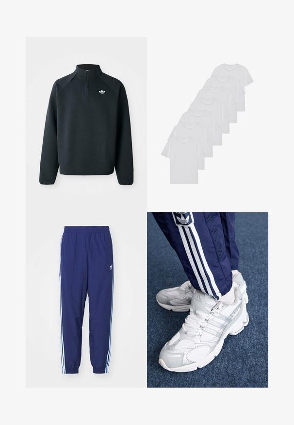Črna pulover s četrt zadrgo, izdelan iz mehkega blaga, z raglan rokavi in belim logotipom na prsih. Manšete so elastične.; Beli bombažni T-majici, kratki rokavi, krožni izrez, enostavna tekstura, zloženi v vrsto, s subtilnim logotipom na vratu.; Mornarsko modri športni hlače z elastičnim pasom, stranskimi žepi in svetlo modrimi črtami ob straneh; izdelane iz lahkega blaga.; Bele športne čevlje z mrežastim zgornjim delom in srebrnimi akcenti, ki imajo vezalke in detajle z logotipom, so se ujemali z mornarsko modrimi trenirkami z belimi črtami.