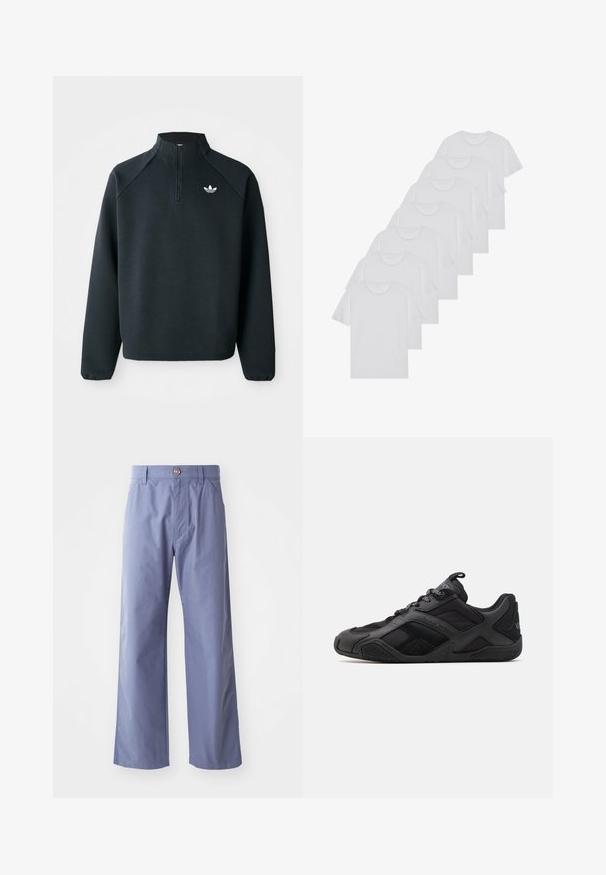 Zwarte kwart-zip sweatshirt gemaakt van zachte stof, met raglanmouwen en een wit logo op de borst. De manchet is elastisch.; Witte katoenen T-shirts, korte mouwen, ronde halsontwerp, eenvoudige textuur, gestapeld in een rij, met subtiele branding bij de hals.; Lichtblauwe wijde broek van een katoenmengsel, met een frontsluiting met knoop en twee zijzakken. Soepele textuur.; Zwarte sportieve schoenen met een mix van gladde en gestructureerde materialen, met een onderscheidend ontwerp, gevormde zool en prominente merkdetails.