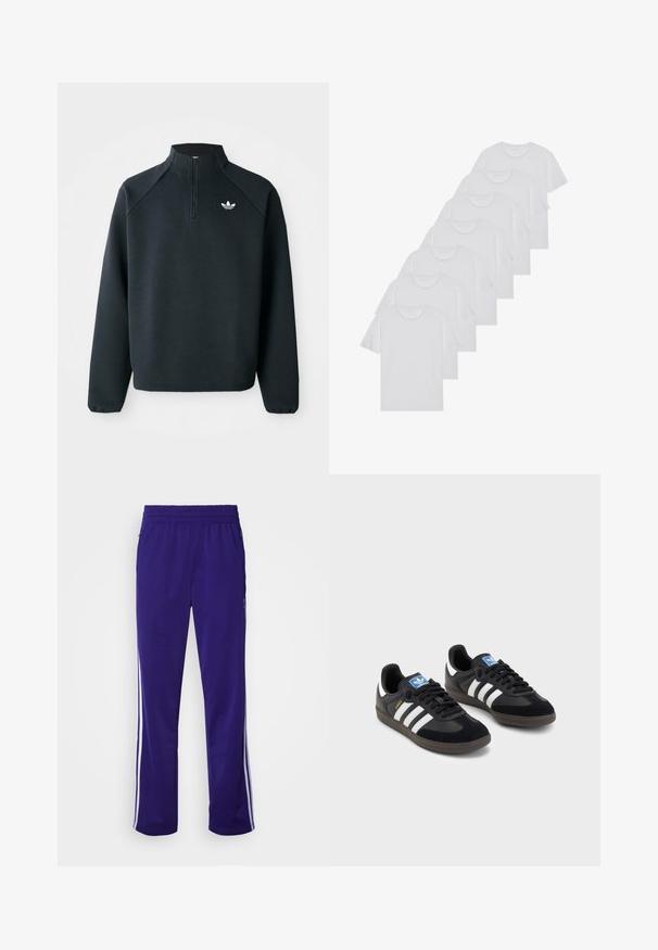 Μαύρο φούτερ με φερμουάρ μέχρι το μισό, φτιαγμένο από μαλακό ύφασμα, με ραγκλάν μανίκια και λευκό λογότυπο στο στήθος. Οι μανσέτες είναι ελαστικές.; Λευκά βαμβακερά T-shirts, κοντά μανίκια, σχέδιο με λαιμόκοψη, απλή υφή, στοιβαγμένα σε σειρά, με διακριτική επωνυμία στον λαιμό.; Μωβ αθλητικά παντελόνια με ελαστική μέση, με λευκές λωρίδες στο πλάι και λείο, συνθετικό υλικό.; Μαύρα αθλητικά παπούτσια με επάνω μέρος από σουέτ και συνθετικό υλικό, με τρεις λευκές ρίγες, υφασμάτινη σόλα από καουτσούκ και μπλε ταυτότητα λογότυπου στη γλώσσα.