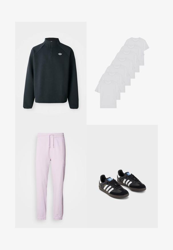 Sort quarter-zip sweatshirt lavet af blødt stof, med raglanærmer og hvidt logo på brystet. Manchetterne er elastiske.; Hvide bomulds T-shirts, korte ærmer, rund halsdesign, ensartet tekstur, stablet i en række, med diskret branding ved halsåbningen.; Lys lyserøde joggerbukser lavet af bomuld, med elastisk talje med snor, manchetter ved anklerne og en subtil broderet logo detalje.; Sorte sneakers med en overdel i ruskind og syntetisk materiale, med tre hvide striber, struktureret gummisål og en blå logoetiket på tungen.