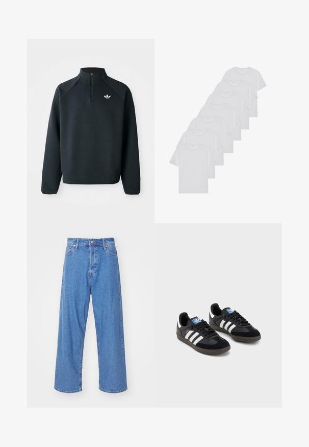 Μαύρο φούτερ με φερμουάρ μέχρι το μισό, φτιαγμένο από μαλακό ύφασμα, με ραγκλάν μανίκια και λευκό λογότυπο στο στήθος. Οι μανσέτες είναι ελαστικές.; Λευκά βαμβακερά T-shirts, κοντά μανίκια, σχέδιο με λαιμόκοψη, απλή υφή, στοιβαγμένα σε σειρά, με διακριτική επωνυμία στον λαιμό.; Jack & Jones JJIRON JJORIGINAL - Τζιν χαλαρής εφαρμογής - blue denim; Μαύρα αθλητικά παπούτσια με επάνω μέρος από σουέτ και συνθετικό υλικό, με τρεις λευκές ρίγες, υφασμάτινη σόλα από καουτσούκ και μπλε ταυτότητα λογότυπου στη γλώσσα.