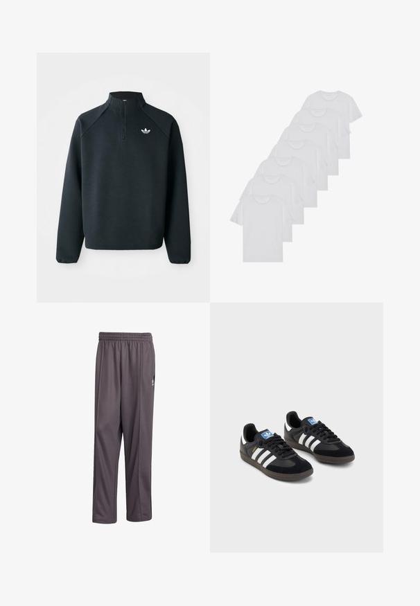 Felpa nera a mezza zip realizzata in tessuto morbido, con maniche raglan e logo bianco sul petto. I polsini sono elasticizzati.; T-shirt bianchi in cotone, maniche corte, design a collo tondo, texture liscia, impilati in fila, con un sottile marchio all'altezza del collo.; Pantaloni sportivi grigi realizzati in tessuto leggero. Presentano una vita elastica e una vestibilità dritta. Include un piccolo logo sul lato.; Sneakers neri con tomaia in suede e materiale sintetico, caratterizzati da tre strisce bianche, suola in gomma testurizzata e etichetta blu sul linguetta.