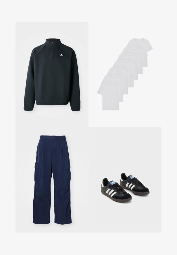 Svart quarter-zip hettegenser laget av mykt stoff, med raglanermer og hvit logo på brystet. Ermelinjene er elastiske.; Hvite bomulls T-skjorter, korte ermer, rund hals-design, enkel tekstur, stablet i en rekke, med subtil merking ved halsen.; Navy cargo bukser laget av bomull med en avslappet passform. Har to sidelommer og en knappelukking i livet. Glatt tekstur og rette ben.; Svarte sneakers med overdel i semsket lær og syntetisk materiale, med tre hvite striper, strukturert gummisåle og blå logoetikett på tungen.