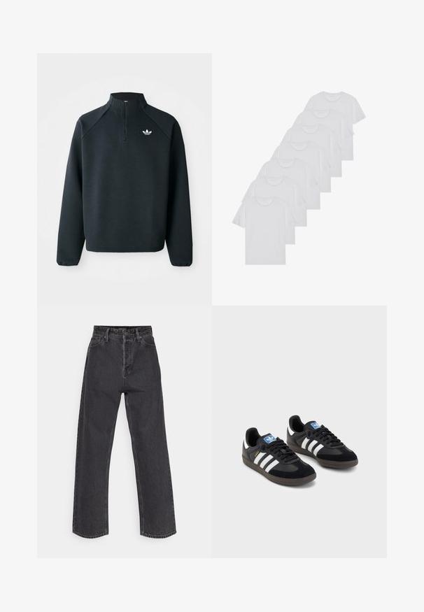 Must värvi neljandiku tõmblukuga jakke, mis on valmistatud pehmest kangast, raganlasleevidega ja valge logoga rinnal. Varrukate äärised on elastsed.; Valge puuvillane T-särk, lühikeste varrukatega, ümar neel, ühtlane tekstuur, reastatud kuhjale, kaeluses peene brändinguga.; Kõrge vöökoht, sirged põlved tumedas hallis denimis, klassikalise viie tasku disainiga ja kontrastsete õmblustega õmblustes.; Mustad tossud, mille pealseks on seemisnahk ja sünteetilised materjalid, kolme valge triibuga, tekstureeritud kummitald ja sinine logo silt keele peal.