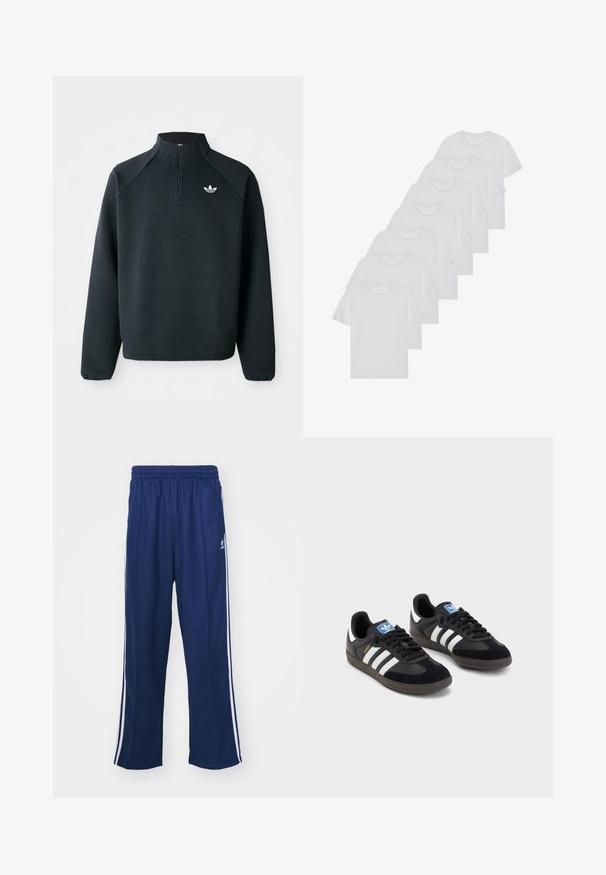 Juodas ketvirčio užtrauktuko megztinis, pagamintas iš minkštos medžiagos, su raglaniniu rankovėmis ir baltu logotipu ant krūtinės. Rankogaliai yra elastiniai.; Baltos medvilninės marškinėliai, trumpomis rankovėmis, apvaliu kaklu, lygia tekstūra, sušluoti į eilę, su subtiliu prekės ženklu ant kaklo.; Tamsiai mėlynos sportinės kelnės su laisvu siluetu, su baltomis šoninėmis juostomis ir elastinga juosmens juosta. Lygus audinys, nematomi raštai ar metalinės detalės.; Juodi sportiniai bateliai su zomšos ir sintetine viršutine dalimi, turintys tris baltas juosteles, tekstūruotą gumos pado paviršių ir mėlyną logotipo etiketę ant liežuvėlio.