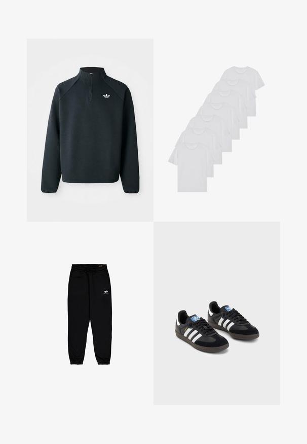 Juodas ketvirčio užtrauktuko megztinis, pagamintas iš minkštos medžiagos, su raglaniniu rankovėmis ir baltu logotipu ant krūtinės. Rankogaliai yra elastiniai.; Baltos medvilninės marškinėliai, trumpomis rankovėmis, apvaliu kaklu, lygia tekstūra, sušluoti į eilę, su subtiliu prekės ženklu ant kaklo.; Juodos sportinės kelnės, pagamintos iš minkštos, elastingos medžiagos. Turi elastinį liemenį su raišteliu ir elastinius galiukus. Mažas baltas logotipas ant klubų.; Juodi sportiniai bateliai su zomšos ir sintetine viršutine dalimi, turintys tris baltas juosteles, tekstūruotą gumos pado paviršių ir mėlyną logotipo etiketę ant liežuvėlio.