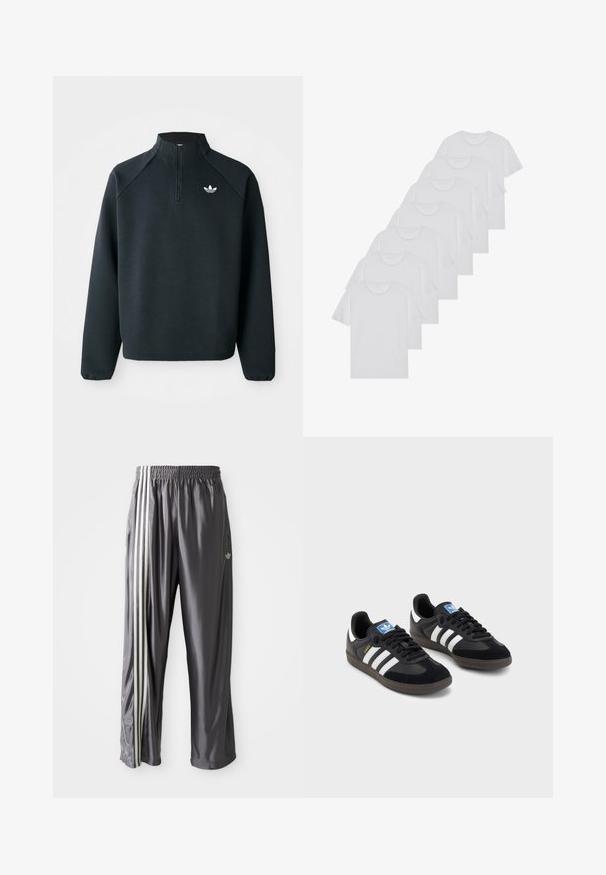 Sweatshirt preto com fecho de correr até ao peito, feito de um tecido suave, com mangas raglan e logótipo branco no peito. As mangas têm punhos elásticos.; T-shirts brancos de algodão, mangas curtas, design de gola redonda, com textura lisa, empilhados em fila, com uma marcação subtil na gola.; Calças de treino cinzentas feitas de material suave, com três riscas brancas nas laterais e um logótipo bordado na frente.; Sneakers pretos com parte superior em camurça e sintético, apresentando três riscas brancas, sola de borracha texturizada e etiqueta azul no linguete.