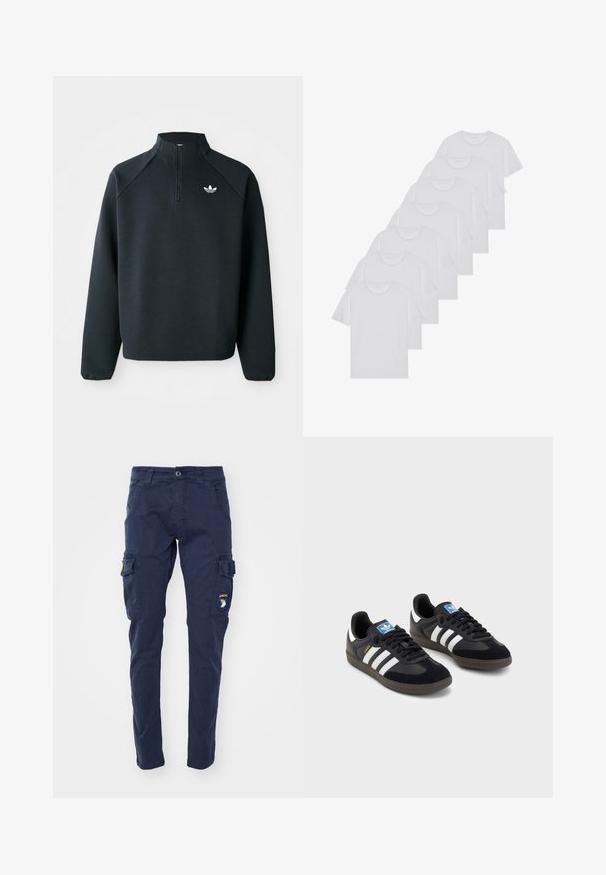 Čierna mikina so štvrťovým zipsom vyrobená z mäkkej tkaniny, s raglánovými rukávmi a bielym logom na hrudi. Rukávy sú elastické.; Biele bavlnené trička, krátke rukávy, dizajn s okrúhlym výstrihom, hladká textúra, naskladané v rade, so subtilným brandingom na výstrihu.; Alpha Industries PETROL PATCH - Kapsáče - ultra navy; Čierne tenisky so zvrškom z semišu a syntetického materiálu, s tromi bielymi pruhmi, štruktúrovanou gumovou podrážkou a modrou logovou etiketou na jazyku.