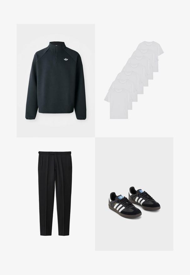 Fekete, negyedcipzáros pulóver, puha anyagból készült, raglán ujjakkal és fehér logóval a mellkason. Az ujjak rugalmasak.; Fehér pamut pólók, rövid ujjúak, kerek nyak kialakítással, sima textúrával, sorba rakva, diszkrét logóval a nyaknál.; Fekete nadrág sima anyagból, egyenes szárú kivitelben, két gombbal a deréknál és két oldalsó zsebbel.; Fekete sportcipők, velúrból és szintetikus anyagból készült felsőrésszel, három fehér csíkkal, textúrázott gumitalppal és kék logó címkével a nyelvén.