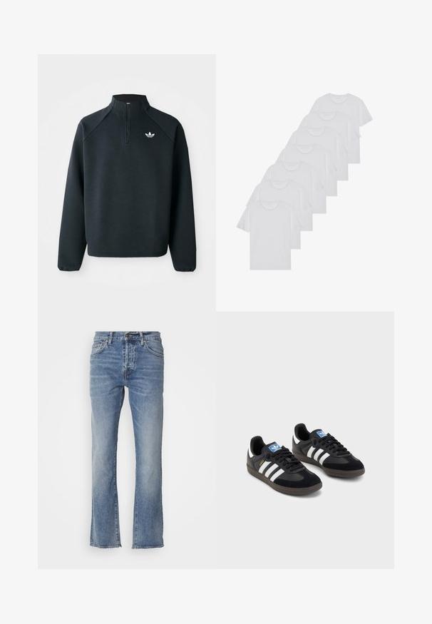 Črna pulover s četrt zadrgo, izdelan iz mehkega blaga, z raglan rokavi in belim logotipom na prsih. Manšete so elastične.; Beli bombažni T-majici, kratki rokavi, krožni izrez, enostavna tekstura, zloženi v vrsto, s subtilnim logotipom na vratu.; Svetlo modri traper hlače s ravnim krojem, ki vključujejo pet žepov in majhno kovinsko gumb na pasu. Detajl raztrganih robov.; Črne športne copate z zgornjim delom iz semiša in sintetičnih materialov, ki imajo tri bele črte, teksturiran gumijast podplat in modro označevalno oznako na jeziku.