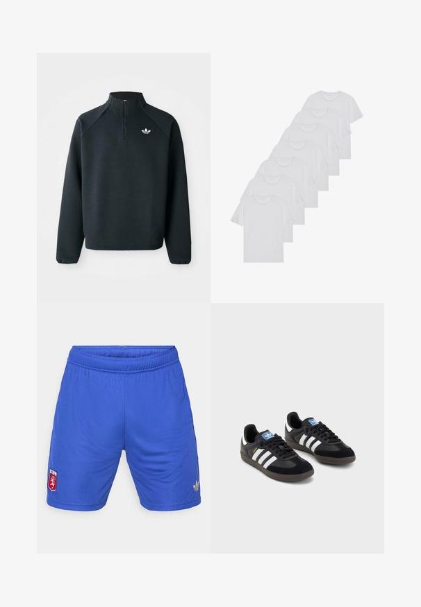 Svart quarter-zip hettegenser laget av mykt stoff, med raglanermer og hvit logo på brystet. Ermelinjene er elastiske.; Hvite bomulls T-skjorter, korte ermer, rund hals-design, enkel tekstur, stablet i en rekke, med subtil merking ved halsen.; Blå idrettsshorts med elastisk midje, med en liten rød og hvit logo på venstre lår og en gull Adidas-logo på høyre.; Svarte sneakers med overdel i semsket lær og syntetisk materiale, med tre hvite striper, strukturert gummisåle og blå logoetikett på tungen.