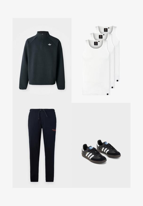 Zwarte kwart-zip sweatshirt gemaakt van zachte stof, met raglanmouwen en een wit logo op de borst. De manchet is elastisch.; Drie witte geribde tanktops van katoen. Kenmerken zijn een ronde hals en kleine zwarte labels nabij de zoom. Verkrijgbaar in meerdere maten.; Marineblauwe joggingbroek met trekkoord, zijzakken, taps toelopende pijpen en oranje tekst "WEEKEND OFFICIER" op de rechterdij. Zachte katoenmix.; Zwarte sneakers met een bovenwerk van suède en synthetisch materiaal, voorzien van drie witte strepen, een gestructureerde rubberen zool en een blauw logo-label op de tong.