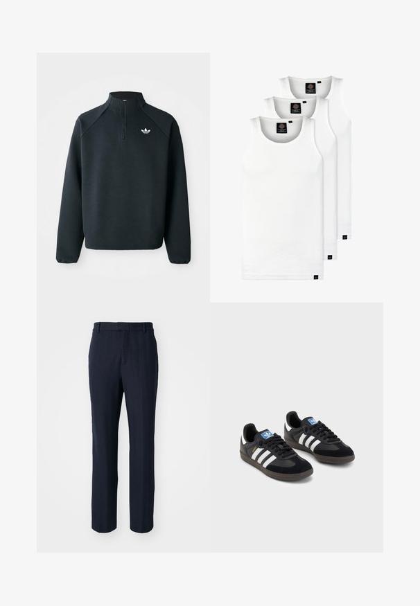 Hanorac negru cu fermoar la jumătate, realizat dintr-un material moale, cu mâneci raglan și logo alb pe piept. Mansetele sunt elastice.; Trei maieuri albe ribbate din bumbac. Au un guler rotund și etichete negre mici lângă tiv. Disponibile în mai multe mărimi.; Pantaloni bleumarin cu un model herringbone, design cu picioare drepte, bucle pentru curea și un finisaj texturat.; Tenisi negri cu superior din suede și sintetic, având trei dungi albe, talpă din cauciuc texturat și etichetă albastră cu logo pe limbă.