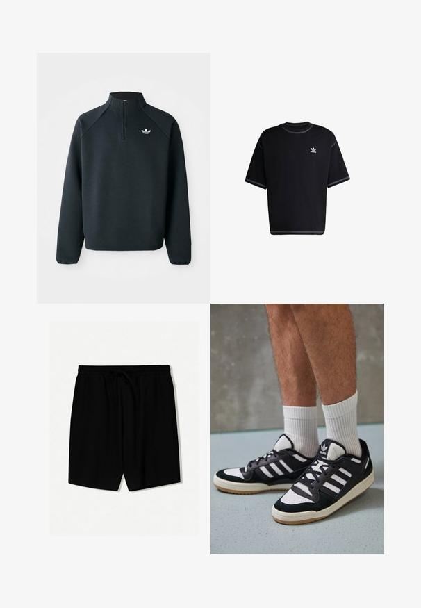 Zwarte kwart-zip sweatshirt gemaakt van zachte stof, met raglanmouwen en een wit logo op de borst. De manchet is elastisch.; Zwarte katoenen t-shirt met korte mouwen. Heeft een ronde hals en witte stiksels. Klein wit Adidas-logo op de linkerkant van de borst.; Zwarte shorts van lichtgewicht stof met een elastische tailleband met een trekkoord, voorplooien en boven de knie lengte.; Zwart-witte sneakers met een bovenwerk van suede en leer, voorzien van drie witte strepen, een geperforeerde neus en een rubberen gumzool.