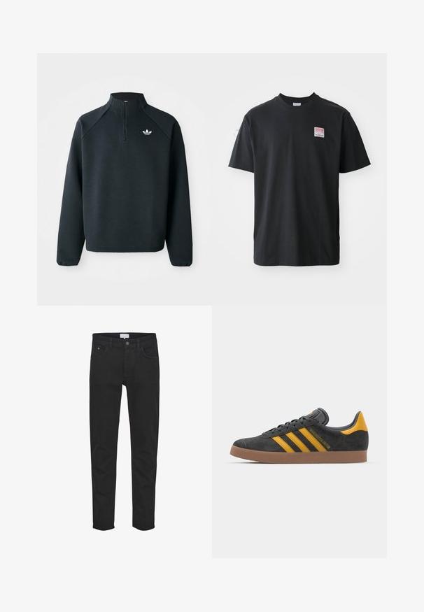 Crni dukserica s četvrtim zatvaračem izrađena od mekog materijala, s raglan rukavima i bijelim logotipom na prsima. Manžetne su elastične.; Crna pamučna majica s okruglim izrezom, kratkim rukavima i malom obojenom etiketom na lijevoj strani prsiju na kojoj piše "SUPERIOR."; Crne traperice od denima imaju pet džepova, zatvarač, uski kroj i suptilne detalje šivanja. Tkanina ima glatku teksturu.; Crne nubuk tenisice s žutim detaljima, sa tri pruge i smešnim gumenim potplatom. Imaju jastučić na jeziku za udobnost.