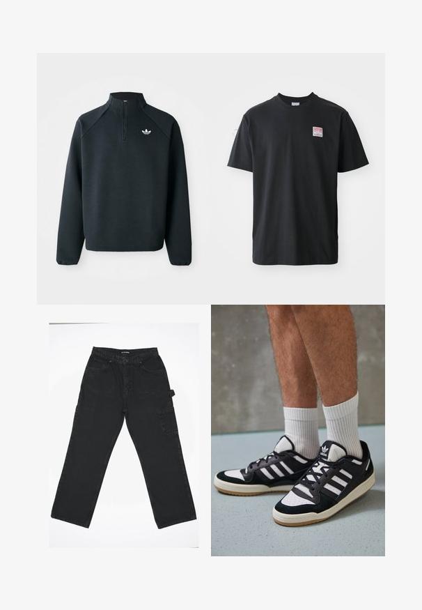 Juodas ketvirčio užtrauktuko megztinis, pagamintas iš minkštos medžiagos, su raglaniniu rankovėmis ir baltu logotipu ant krūtinės. Rankogaliai yra elastiniai.; Juodas medvilnės marškinėliai su apvaliu kaklu, trumpomis rankovėmis ir mažyte spalvota etikete kairėje krūtinės pusėje, ant kurios užrašyta "SUPERIOR."; Juodi džinsiniai kelnių su tiesia pėdkelne dizainu, turintys užsegimą priekyje, galines kišenes ir šoną cargo kišenę.; Juodos ir baltos sportinės bateliai su zomšiniu ir odiniu viršumi, su trimis baltomis juostelėmis, perforuota koja ir guminėmis padais.