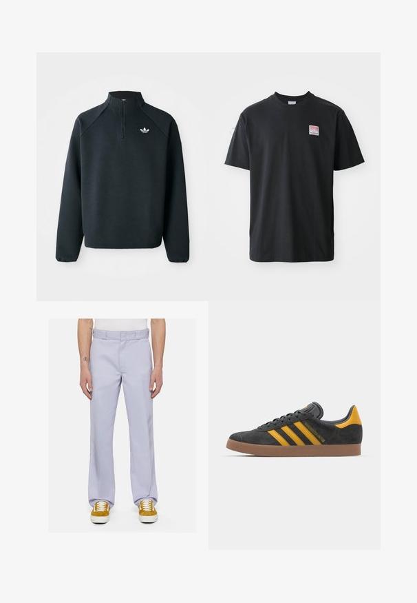 Fekete, negyedcipzáros pulóver, puha anyagból készült, raglán ujjakkal és fehér logóval a mellkason. Az ujjak rugalmasak.; Fekete pamut póló kerek nyakkal, rövid ujjakkal és egy kis színes címkével a bal mellrészen, amelyen a "SUPERIOR" szó szerepel.; Fénylila nadrág sima anyagból, egyenes láb szabással, varrt derékkal és minimalista dizájnnal, fehér sportcipővel párosítva.; Fekete velúrbőr sportcipő sárga díszítéssel, három csíkkal és barna gumitalppal. Párnázott nyelvével a kényelem érdekében.