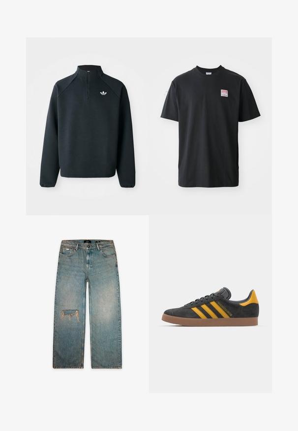 Sweatshirt preto com fecho de correr até ao peito, feito de um tecido suave, com mangas raglan e logótipo branco no peito. As mangas têm punhos elásticos.; T-shirt de algodão preto com decote redondo, mangas curtas e uma pequena etiqueta colorida no lado esquerdo do peito com a palavra "SUPERIOR."; Jeans de denim de lavagem clara com um ajuste largo, apresentando um buraco esfarrapado no joelho e um design clássico de cinco bolsos. Barra sem acabamento na parte de baixo.; Tenis em camurça preta com detalhes amarelos, apresentando três riscas e uma sola de borracha castanha. Inclui uma língua acolchoada para maior conforto.