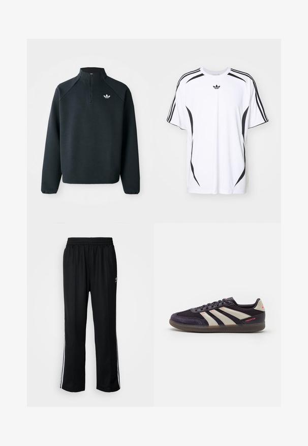 Melna puszipa mīksta auduma krekls ar raglan piedurknēm un balto logotipu uz krūtīm. Piedurknes ir elastīgas.; Balts īsām piedurknēm T-krekls ar melnām sānu akcentiem un trim melnām svītrām uz pleciem. Iekļauta maza melna logo uz krūšu daļas.; Melni sporta bikses ar elastīgu jostas vietu, kurām ir baltas sānu svītras un neliels logotips. Materiāls izskatās mīksts un viegls.; adidas Performance PREDATOR FREESTYLE INDOOR - Futbola zābaki zālienam - aurora black/alumina/turbo
