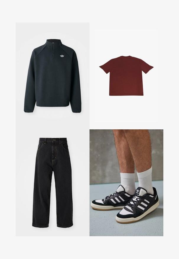 Črna pulover s četrt zadrgo, izdelan iz mehkega blaga, z raglan rokavi in belim logotipom na prsih. Manšete so elastične.; Kratka maroon majica s kratkimi rokavi iz mehkega, teksturiranega materiala. Okrogla ovratnica, kvadratna oblika in ravno rob. Brez vidnih logotipov ali vzorcev.; Črne široke jeans hlače z visokim pasom, sprednjim gumbom, zadrgo ter rumenim šivom na žepih in šivih.; Črno-bele superge z zgornjim delom iz usnja in nubuka, ki imajo tri bele črte, perforiran vrh prstov in podplat iz gume.