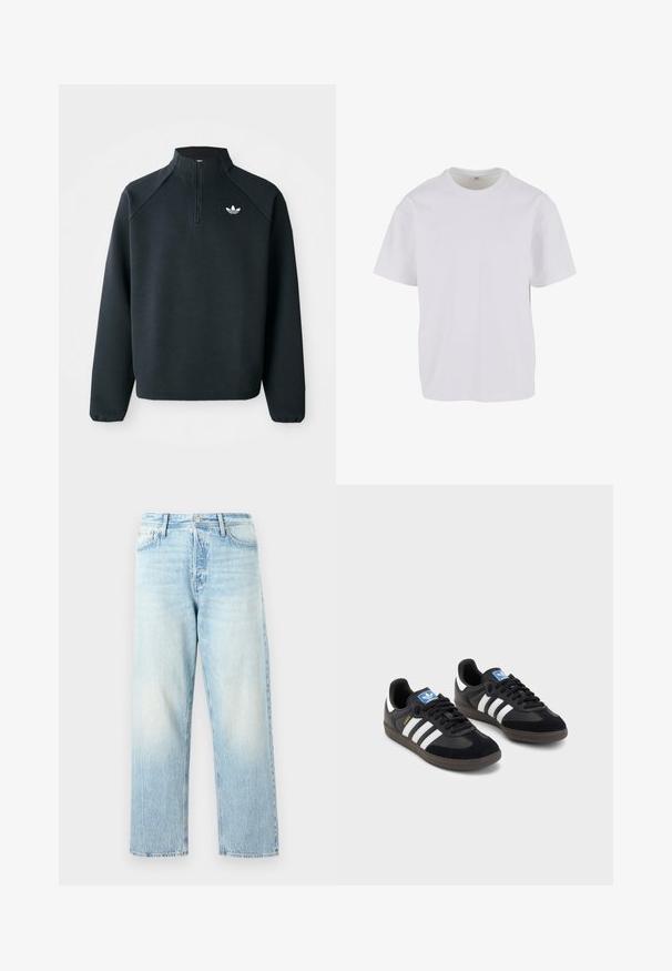 Sudadera negra con cremallera en el cuello hecha de tela suave, con mangas raglán y logo blanco en el pecho. Los puños son elásticos.; Camiseta blanca de manga corta hecha de algodón suave, con un cuello redondo y un corte relajado con dobladillo recto. Sin patrones ni acentos visibles.; Jeans de mezclilla azul claro con un diseño de pierna recta, acabado desgastado y costuras visibles. Cuenta con un cierre clásico de botón y cremallera.; Zapatillas negras con un upper de ante y sintético, con tres rayas blancas, suela de goma texturizada y etiqueta de logo azul en la lengüeta.