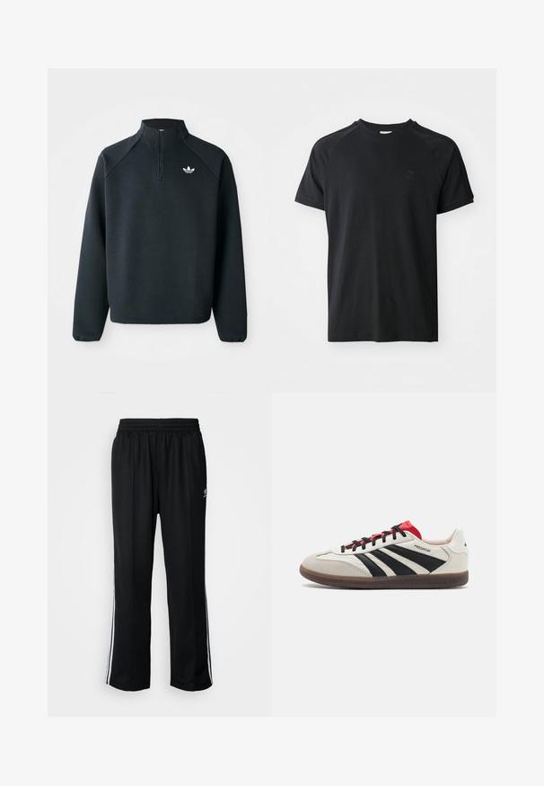 Sweatshirt preto com fecho de correr até ao peito, feito de um tecido suave, com mangas raglan e logótipo branco no peito. As mangas têm punhos elásticos.; T-shirt de algodão preto com decote redondo, mangas curtas e design raglan. Apresenta um logótipo texturizado no lado esquerdo do peito. Acabamento suave.; Calças atléticas pretas com um cós elástico, apresentando riscas brancas laterais e um pequeno logótipo. O material parece macio e leve.; Sapatilhas brancas e pretas com detalhes em vermelho, apresentando um cabedal em camurça e couro, três riscas pretas, atacadores planos e uma sola de borracha texturizada.
