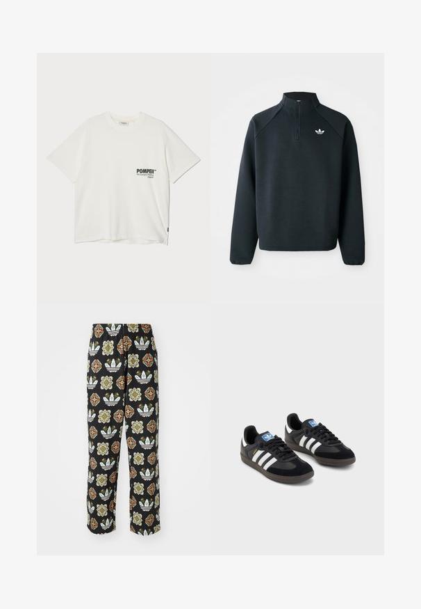 Svart quarter-zip hettegenser laget av mykt stoff, med raglanermer og hvit logo på brystet. Ermelinjene er elastiske.; Pompeii BOXY TEE - T-shirts med print - off-white; Sorte bukser med et intrikat mønster af forskellige former, herunder blomstermotiver og striber i orange, grøn og hvid.; Svarte sneakers med overdel i semsket lær og syntetisk materiale, med tre hvite striper, strukturert gummisåle og blå logoetikett på tungen.