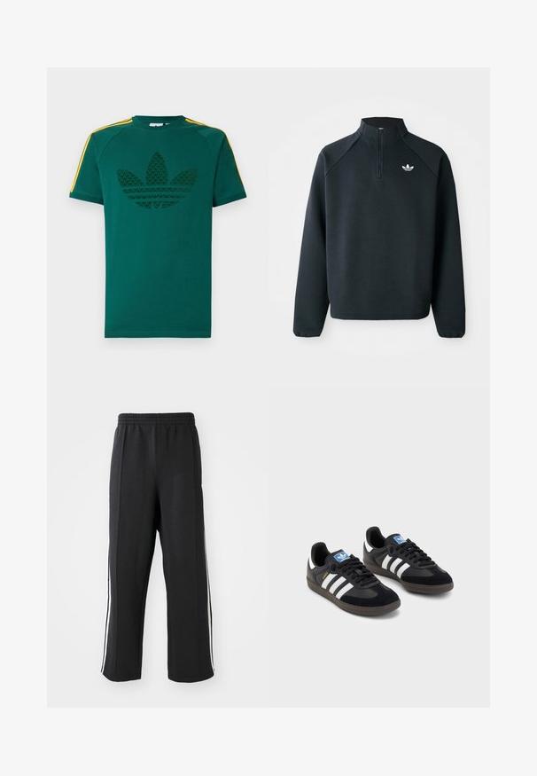Svart kvartdraget sweatshirt i mjukt tyg, med raglanärmar och vitt logo på bröstet. Ärmarna har elastiska muddar.; Grön t-shirt med korta ärmar, med mörkgrönt Adidas trefoil-logo och gula ränder på axlarna mot en vit bakgrund.; Svarta sweatpants med resår i midjan, med vita sidoränder och en avslappnad passform. Tillverkade av mjukt, stretchigt tyg.; Svarta sneakers med övre del av mocka och syntetmaterial, med tre vita ränder, texturerad gummisula och blå logotags på tungan.
