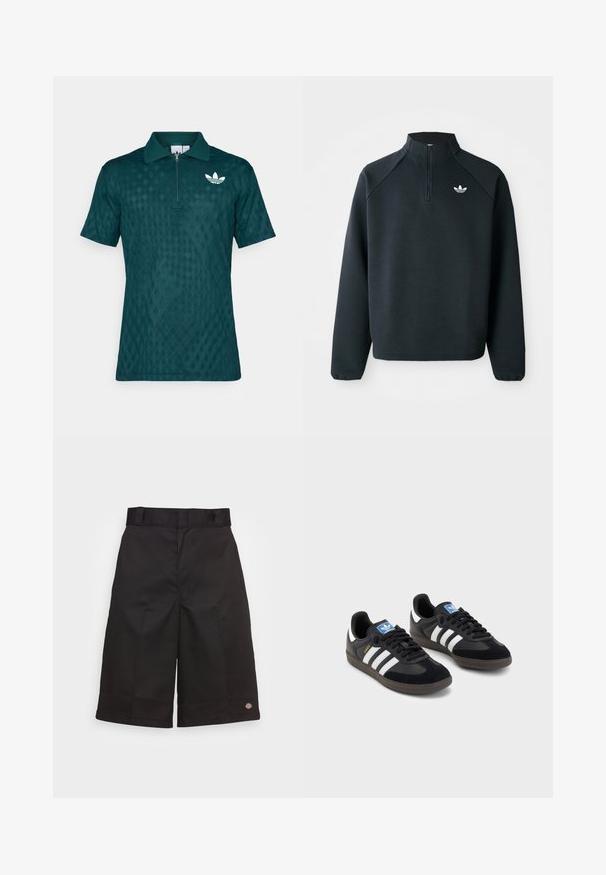 Fekete, negyedcipzáros pulóver, puha anyagból készült, raglán ujjakkal és fehér logóval a mellkason. Az ujjak rugalmasak.; Teal színű póló zipzáras gallérral, gyémánt mintázattal és fehér logóval a bal mellrészen. Rövid ujjú.; Fekete pamut rövidnadrág egyenes szabással, térd hosszúságú, és látható márkás logóval a szegélyen, sima textúrával.; Fekete sportcipők, velúrból és szintetikus anyagból készült felsőrésszel, három fehér csíkkal, textúrázott gumitalppal és kék logó címkével a nyelvén.