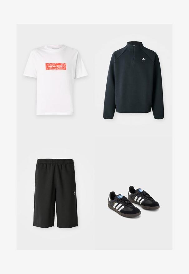 Czarna bluza z zipem do połowy wykonana z miękkiego materiału, z rękawami raglanowymi i białym logo na piersi. Rękawy są elastyczne.; Biała bawełniana koszulka z czerwoną prostokątną grafiką na środku przodu, na której znajduje się napis "JACK&JONES" oraz abstrakcyjne wzory.; Czarne bawełniane szorty z elastycznym pasem, bocznymi szwami i małym białym logo na lewej nodze. Gładka tekstura, długość do kolan.; Czarne sneakersy z zamszową i syntetyczną cholewką, wyposażone w trzy białe paski, teksturowaną gumową podeszwę oraz niebieską metkę z logo na języku.