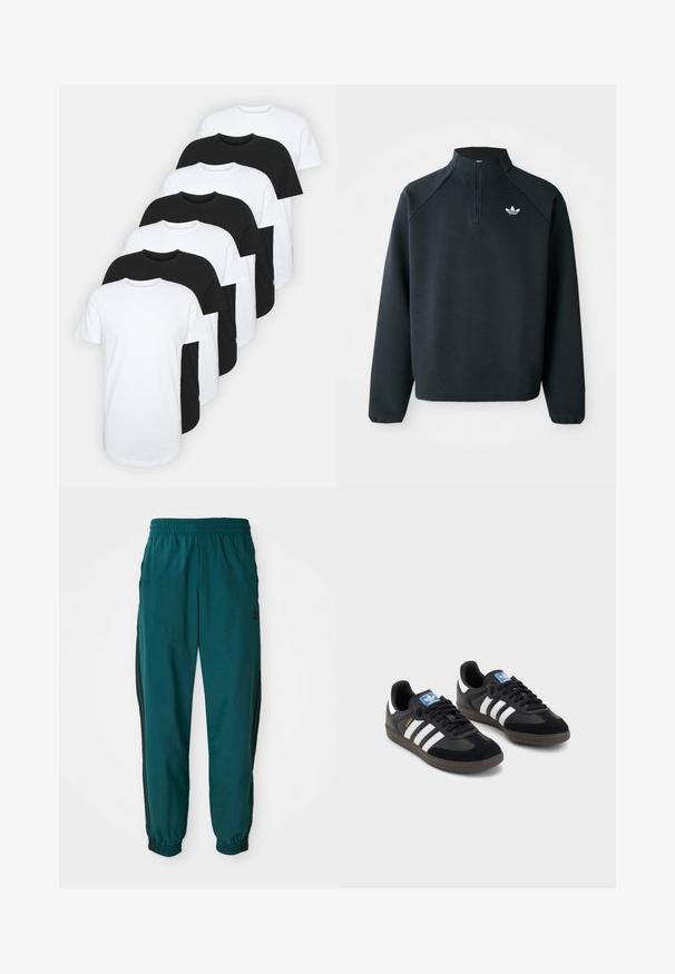 Sudadera negra con cremallera en el cuello hecha de tela suave, con mangas raglán y logo blanco en el pecho. Los puños son elásticos.; Conjunto de ocho camisetas de cuello redondo en blanco y negro. Material de algodón, manga corta, corte estándar, textura suave, con detalle de etiqueta.; Pantalones deportivos en color verde azulado con cintura ajustable por cordón, puños elásticos y rayas negras en los lados. Fabricados con un tejido ligero, presentan un logo cerca de la cadera.; Zapatillas negras con un upper de ante y sintético, con tres rayas blancas, suela de goma texturizada y etiqueta de logo azul en la lengüeta.