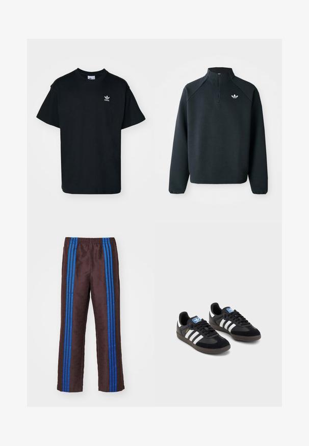 Černá mikina s krátkým zipem vyrobená z měkké tkaniny, s raglánovými rukávy a bílým logem na hrudi. Rukávy mají elastické manžety.; Černé bavlněné tričko s kulatým výstřihem a krátkým rukávem, s malým bílým logem Adidas na levé části hrudi.; Hnědé kalhoty s vzorem a texturovaným povrchem, s dvěma svislými modrými pruhy po stranách a elastickým pasem.; Černé tenisky s vrškem z semiše a syntetického materiálu, s třemi bílými pruhy, texturovanou gumovou podrážkou a modrou nášivkou loga na jazyku.
