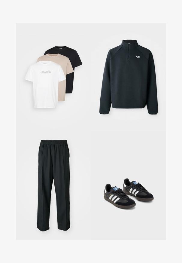 Črna pulover s četrt zadrgo, izdelan iz mehkega blaga, z raglan rokavi in belim logotipom na prsih. Manšete so elastične.; Tri majice naložene: bela z logo, bež in črna. Narejene so iz bombaža, s krožnim izrezom, kratkimi rokavi in klasičnim krojem.; Crne športne hlače z elastiko v pasu, narejene iz gladkega materiala, z diskretnim stranskim šivanjem in ohlapnim krojem ter ravnimi nogavicami.; Črne športne copate z zgornjim delom iz semiša in sintetičnih materialov, ki imajo tri bele črte, teksturiran gumijast podplat in modro označevalno oznako na jeziku.