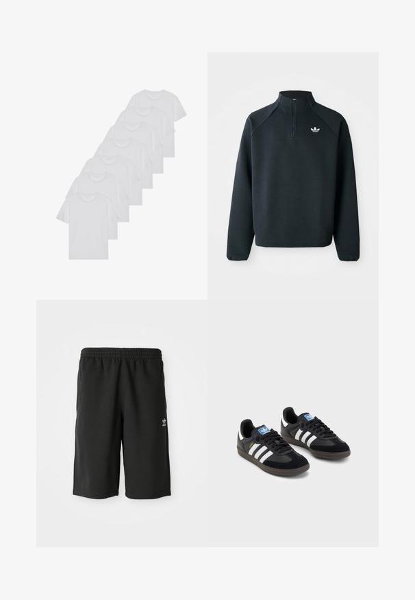 Must värvi neljandiku tõmblukuga jakke, mis on valmistatud pehmest kangast, raganlasleevidega ja valge logoga rinnal. Varrukate äärised on elastsed.; Valge puuvillane T-särk, lühikeste varrukatega, ümar neel, ühtlane tekstuur, reastatud kuhjale, kaeluses peene brändinguga.; Mustad puuvillased lühikesed püksid, millel on elastne vöökoht, külgõmblused ja väike valge logo vasakul jalge peal. Sile tekstuur, põlve pikkusega disain.; Mustad tossud, mille pealseks on seemisnahk ja sünteetilised materjalid, kolme valge triibuga, tekstureeritud kummitald ja sinine logo silt keele peal.