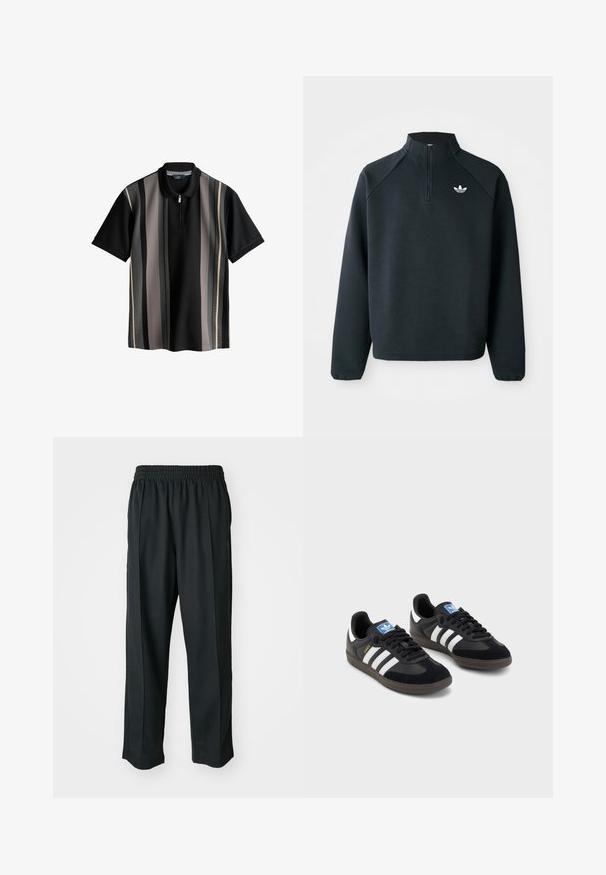 Črna pulover s četrt zadrgo, izdelan iz mehkega blaga, z raglan rokavi in belim logotipom na prsih. Manšete so elastične.; Črna polo majica z navpičnimi črtami v sivi, kremni in temno sivi barvi. Ima zapenjanje na zadrgo in teksturirano tkanino. Kratki rokavi.; Crne športne hlače z elastiko v pasu, narejene iz gladkega materiala, z diskretnim stranskim šivanjem in ohlapnim krojem ter ravnimi nogavicami.; Črne športne copate z zgornjim delom iz semiša in sintetičnih materialov, ki imajo tri bele črte, teksturiran gumijast podplat in modro označevalno oznako na jeziku.