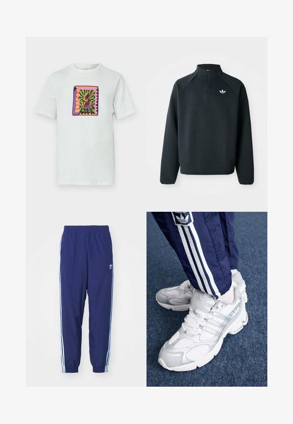 Melna puszipa mīksta auduma krekls ar raglan piedurknēm un balto logotipu uz krūtīm. Piedurknes ir elastīgas.; Baltas kokvilnas T-krekls ar kvadrātveida, krāsainu grafiku ar vardes dizainu un tekstu, uz ģeometriska fona un akcentētiem malām.; Tumši zili sporta bikses ar elastīgu jostasvietu, sānu kabatām un gaiši ziliem svītrainiem sānos; izgatavotas no viegla auduma.; Baltie sporta apavi ar sietiņveida virsu un sudraba akcentiem, ar auklām un logotipa detaļām, kombinēti ar tumši ziliem treniņbiksēm ar baltām svītrām.