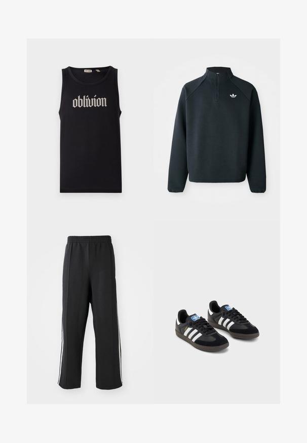 Felpa nera a mezza zip realizzata in tessuto morbido, con maniche raglan e logo bianco sul petto. I polsini sono elasticizzati.; Top senza maniche nero in cotone, con una scritta in bianco in stile gotico "oblivion" centrata sulla parte frontale. Tessuto liscio e design senza maniche.; Pantaloni da jogging neri con elastico in vita, dotati di strisce bianche sui lati e vestibilità comoda. Realizzati in tessuto morbido e elastico.; Sneakers neri con tomaia in suede e materiale sintetico, caratterizzati da tre strisce bianche, suola in gomma testurizzata e etichetta blu sul linguetta.