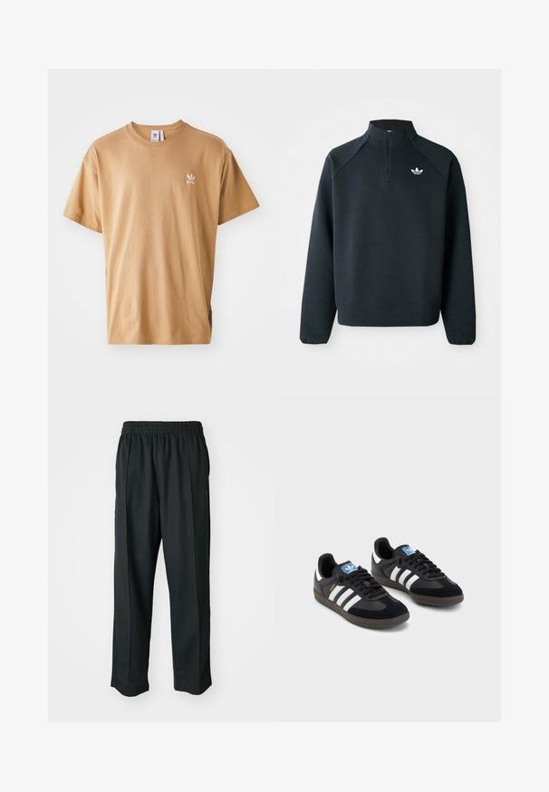 Čierna mikina so štvrťovým zipsom vyrobená z mäkkej tkaniny, s raglánovými rukávmi a bielym logom na hrudi. Rukávy sú elastické.; Hnedé bavlnené tričko s okrúhlym výstrihom a krátkymi rukávmi. Obsahuje malé biele logo Adidas na ľavej hrudi. Mäkká textúra, voľný strih.; Čierne športové nohavice s elastickým pásom, vyrobené z hladkého materiálu, s jemným bočným šitím a voľným strihom, rovný strih.; Čierne tenisky so zvrškom z semišu a syntetického materiálu, s tromi bielymi pruhmi, štruktúrovanou gumovou podrážkou a modrou logovou etiketou na jazyku.