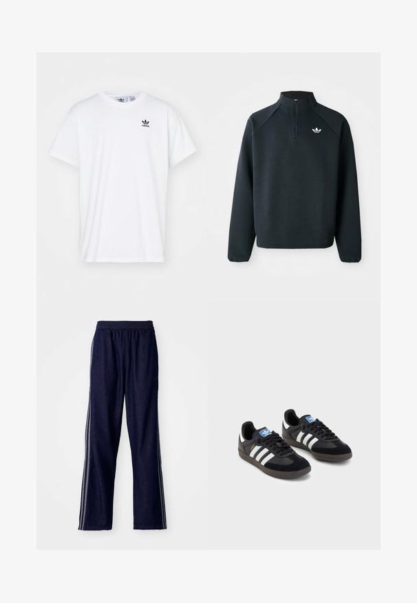 Svart quarter-zip hettegenser laget av mykt stoff, med raglanermer og hvit logo på brystet. Ermelinjene er elastiske.; Hvit bomull T-skjorte med korte ermer, rund hals, og en svart Adidas-logo med tre striper på venstre brystområde.; Navy blå treningsbukser med elastisk midjebånd, med tre hvite sidelister og rett ben-design. Myk denimtekstur.; Svarte sneakers med overdel i semsket lær og syntetisk materiale, med tre hvite striper, strukturert gummisåle og blå logoetikett på tungen.