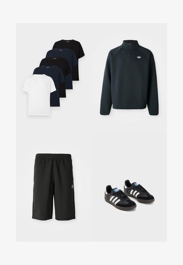 Zwarte kwart-zip sweatshirt gemaakt van zachte stof, met raglanmouwen en een wit logo op de borst. De manchet is elastisch.; Vijf eenvoudige, korte mouwen t-shirts met ronde hals in afwisselend zwart, marineblauw en wit, in een verspringende stapel op een witte achtergrond.; Zwarte katoenen shorts met een elastische tailleband, zijnaad en een klein wit logo op het linkerbeen. Soepele textuur, knielange ontwerp.; Zwarte sneakers met een bovenwerk van suède en synthetisch materiaal, voorzien van drie witte strepen, een gestructureerde rubberen zool en een blauw logo-label op de tong.