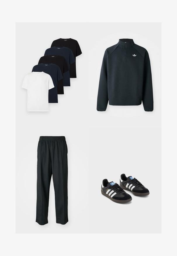 Sudadera negra con cremallera en el cuello hecha de tela suave, con mangas raglán y logo blanco en el pecho. Los puños son elásticos.; Cinco camisetas de cuello redondo de manga corta en colores sólidos, alternando entre negro, azul marino y blanco, dispuestas en una pila escalonada sobre un fondo blanco.; Pantalones deportivos negros con cintura elástica, confeccionados en tela suave, que presentan costuras laterales sutiles y un ajuste relajado, diseño de pierna recta.; Zapatillas negras con un upper de ante y sintético, con tres rayas blancas, suela de goma texturizada y etiqueta de logo azul en la lengüeta.