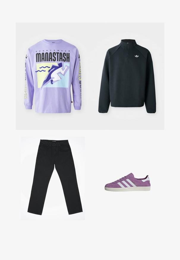 Black quarter-zip sweatshirt made of soft fabric, featuring raglan sleeves and white logo on the chest. Cuffs are elasticized.; Purple long-sleeve t-shirt featuring a graphic design with stylized runner and wave motifs. Material: cotton. Text includes "SPORTSWEAR MANASTASH."; Black denim jeans with a straight leg design, five pockets, and a classic waistband. The fabric has a smooth texture and minimal detailing.; Purple suede sneaker with white leather accents and three stripes. Features a rounded toe, lace-up design, and a textured rubber sole.