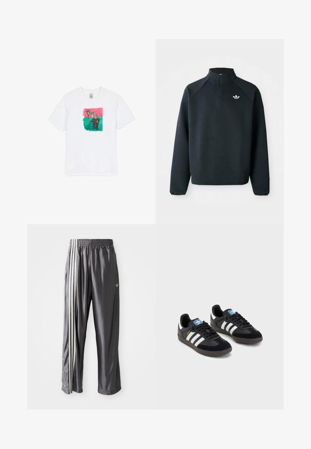 Czarna bluza z zipem do połowy wykonana z miękkiego materiału, z rękawami raglanowymi i białym logo na piersi. Rękawy są elastyczne.; Biała bawełniana koszulka z krótkim rękawem, z kolorowym, abstrakcyjnym rysunkiem przedstawiającym słońce i postać na zielonym tle, otoczona różowym ramieniem.; Szare spodnie dresowe wykonane z gładkiego materiału, z trzema białymi paskami po bokach i haftowanym logo z przodu.; Czarne sneakersy z zamszową i syntetyczną cholewką, wyposażone w trzy białe paski, teksturowaną gumową podeszwę oraz niebieską metkę z logo na języku.