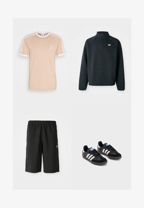 Juodas ketvirčio užtrauktuko megztinis, pagamintas iš minkštos medžiagos, su raglaniniu rankovėmis ir baltu logotipu ant krūtinės. Rankogaliai yra elastiniai.; Bežinė medvilninė marškinė su baltais rankovėmis ir apdaila. Ant kairio krūtinės yra išsiuvinėtas baltas Adidas logotipas, o ant rankovių - trys juostelės.; Juodi medvilniniai šortai su elastinga juosta, šoninėmis siūlėmis ir mažuoju baltu logo ant kairės kojos. Lygi tekstūra, iki kelių ilgio dizainas.; Juodi sportiniai bateliai su zomšos ir sintetine viršutine dalimi, turintys tris baltas juosteles, tekstūruotą gumos pado paviršių ir mėlyną logotipo etiketę ant liežuvėlio.