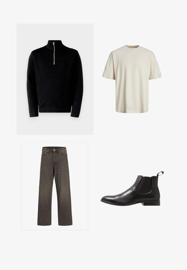 Maglione nero a collo alto con mezza cerniera. Realizzato in tessuto a coste, presenta maniche lunghe e una texture liscia.; T-shirt in cotone color avorio con collo rotondo, maniche corte, vestibilità rilassata e una texture liscia e leggera.; Jeans a gamba larga in denim grigio scuro, con vita alta, design classico a cinque tasche e cuciture a contrasto lungo le cuciture.; Stivale Chelsea in pelle nera con pannelli elastici laterali e una linguetta. Design elegante con punta arrotondata e tacco basso impilato.