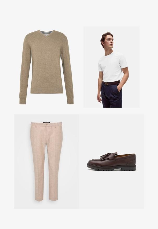 Suéter con cuello en V hecho de un suave tejido de punto en marrón claro, con mangas largas y puños y bajo acanalados. Textura sutil en toda la tela.; Camiseta blanca de algodón con cuello redondo, combinada con pantalones de traje azul marino con plisado y un cinturón de cuero marrón con hebilla dorada.; Pantalones de color beige claro fabricados en una mezcla de lino, con un frente plano, trabillas para cinturón y cierre de un solo botón. Diseño entallado de pierna recta.; Zign Mocasines elegantes - brown